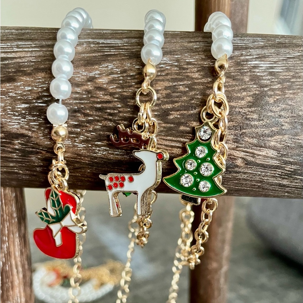Christmas Bracelets-Set of 3, Adjustable with faux pearls and gorgeous charms